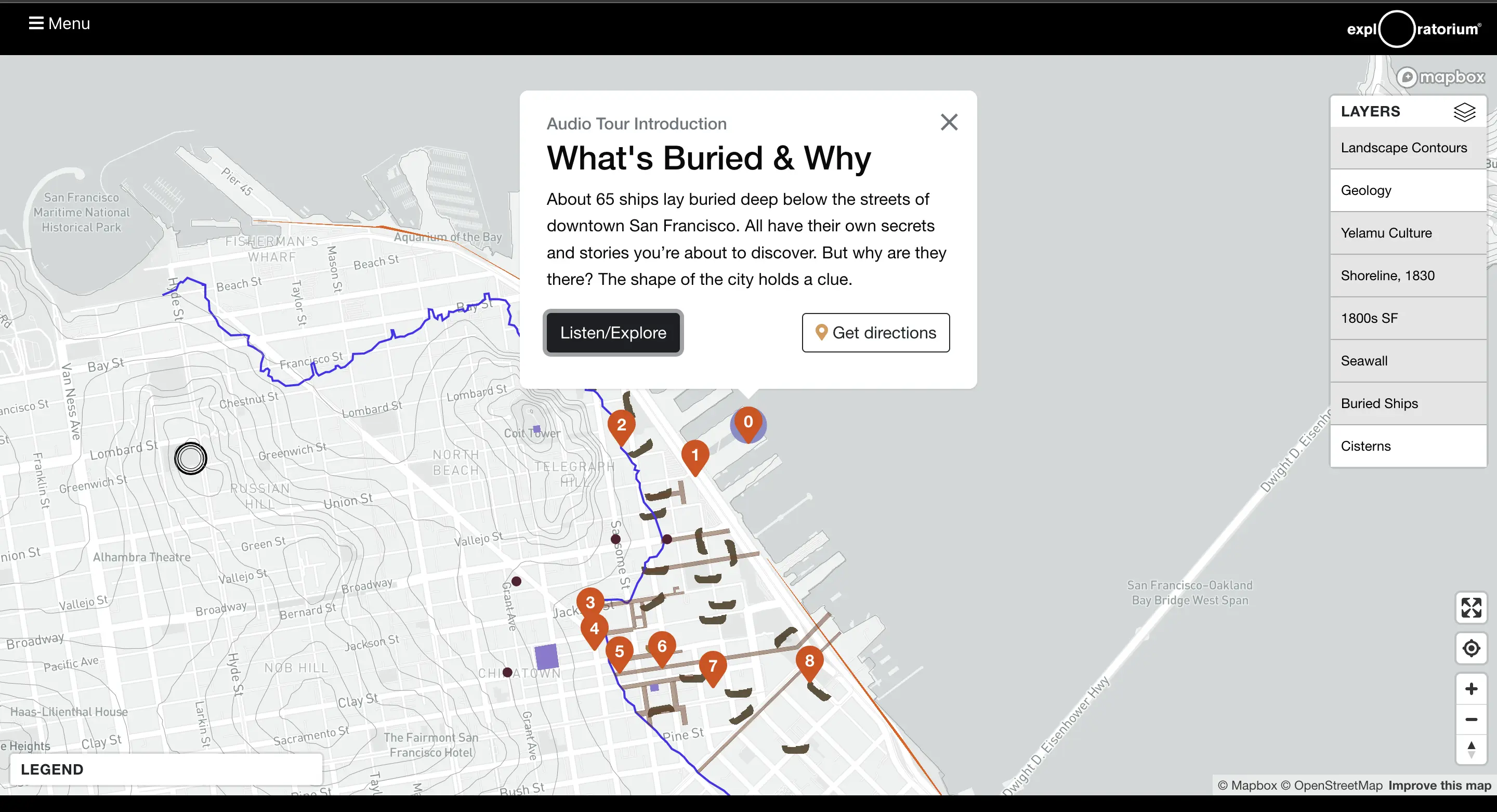 Screenshot of the Exploratorium Buried History interactive map