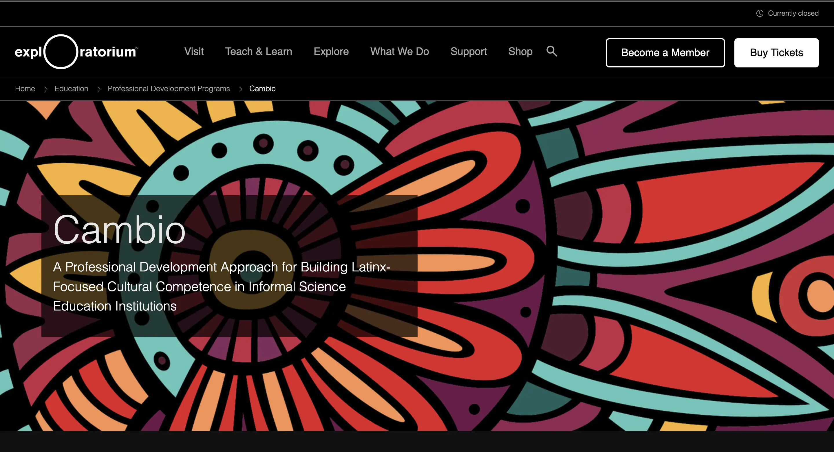 Screenshot of the Exploratorium CAMBIO landing page